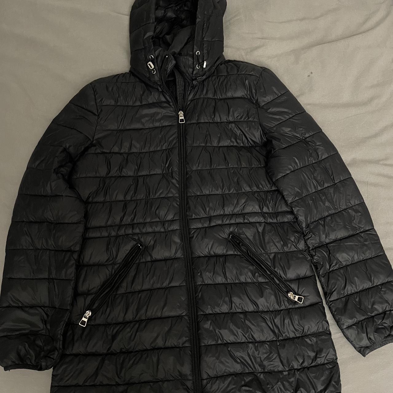 zara medium length black puffer jacket in perfect... Depop