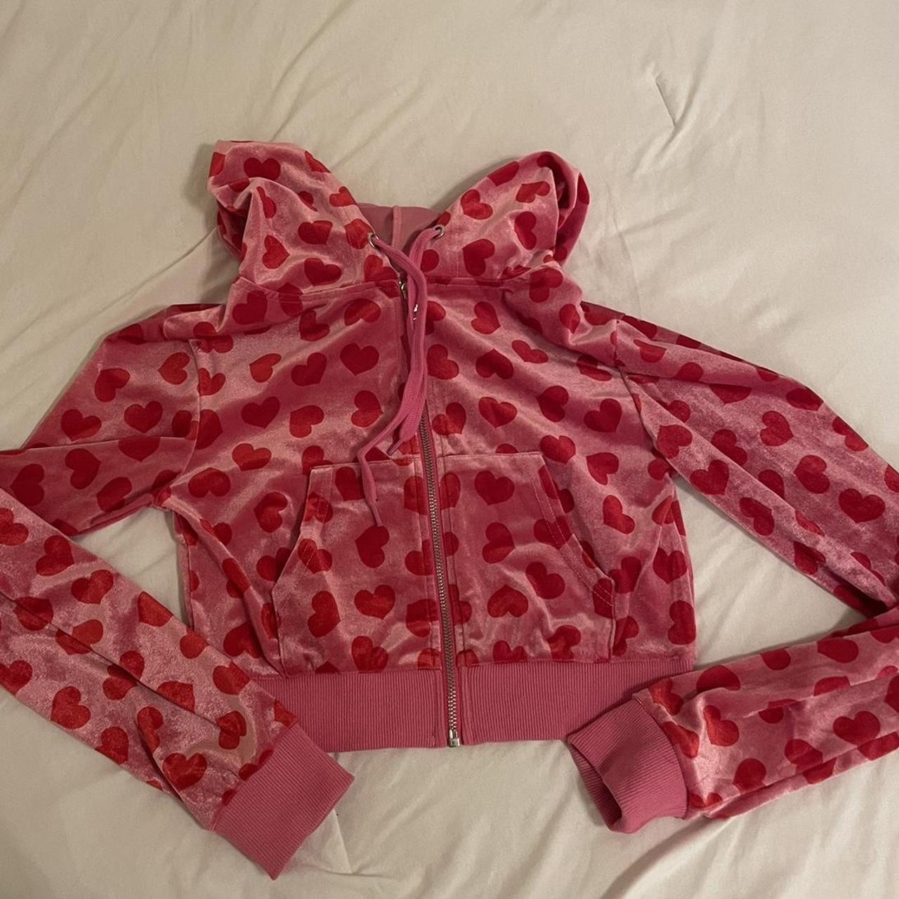 pink velour hoodie with red hearts Depop