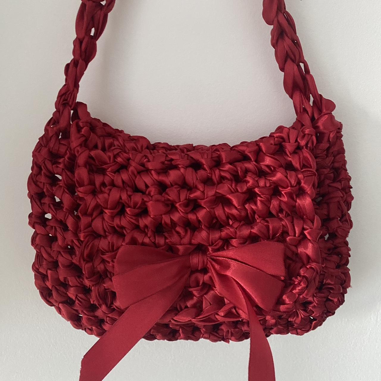 red shoulder bag crochet handmade out of ribbon Depop