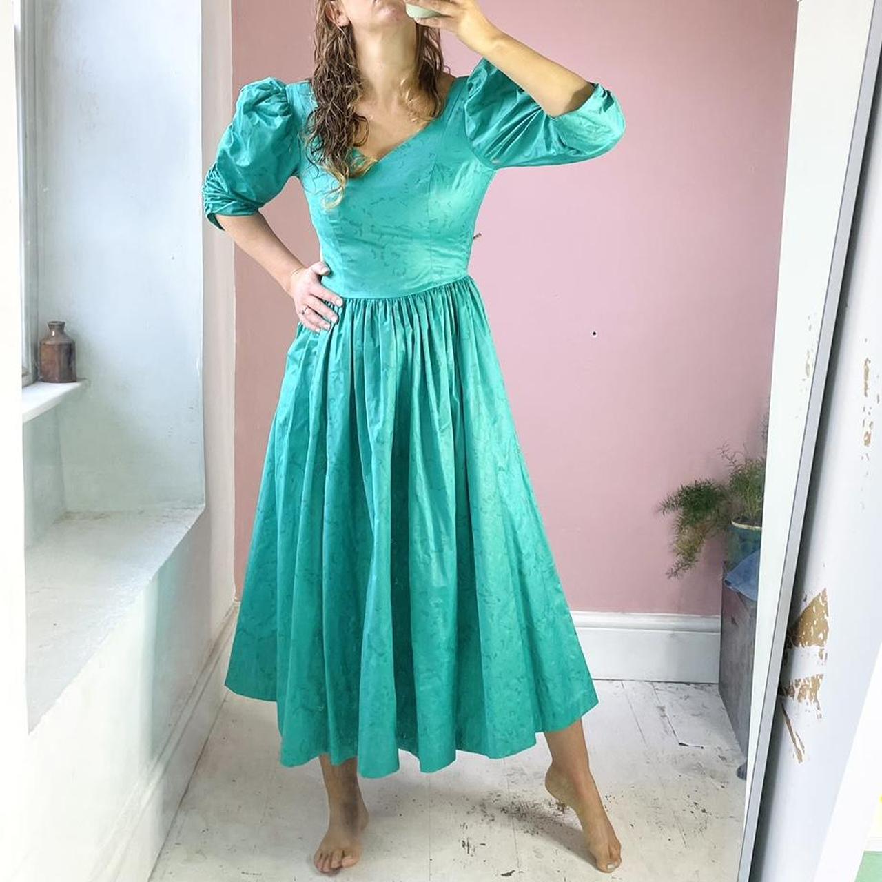 Vintage Laura Ashley puff sleeve dress, turquoise... - Depop