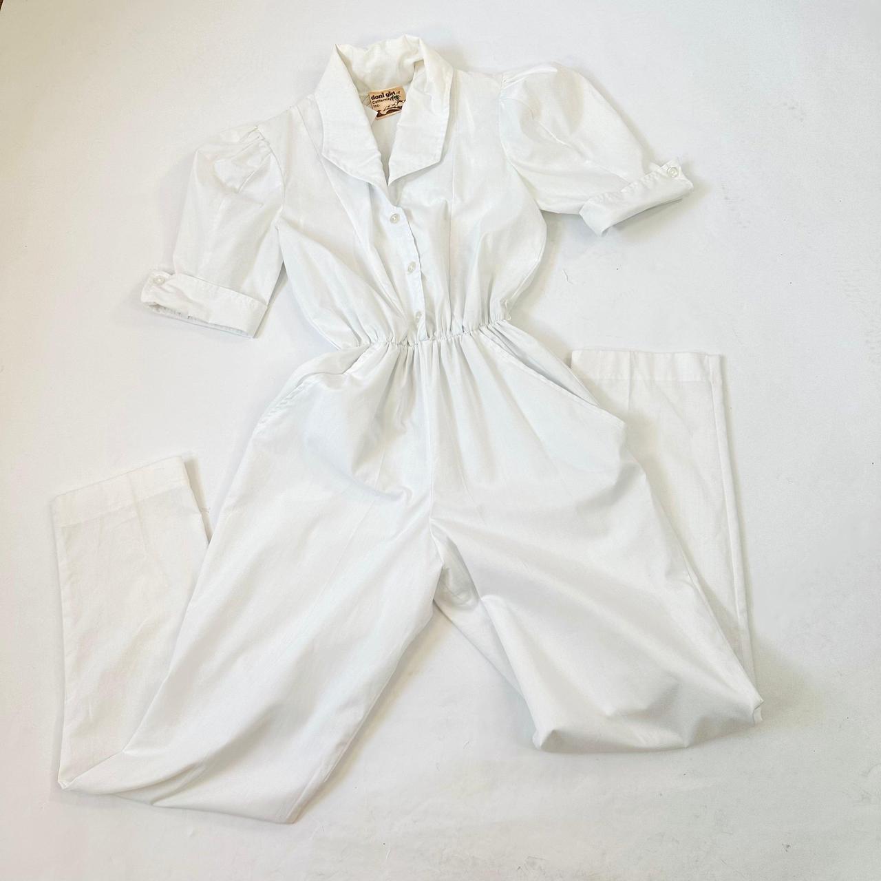 Vintage 80s white cotton jumpsuit with puff sleeves,... - Depop