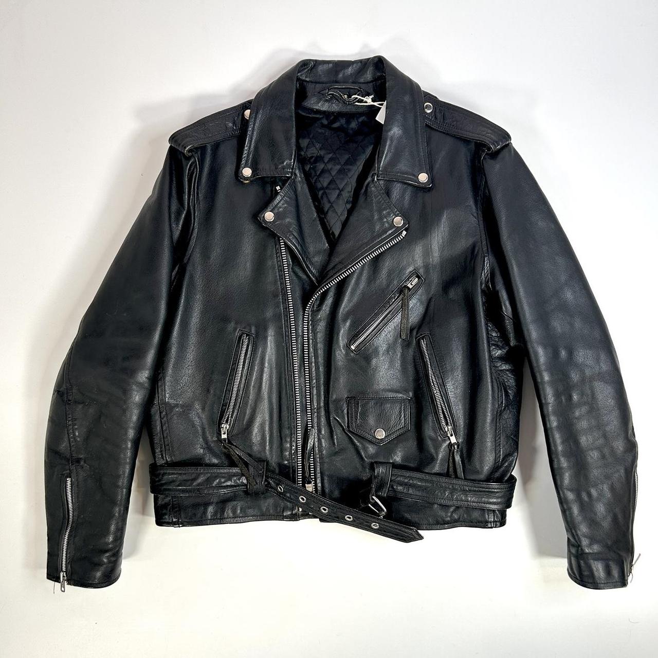 Vintage 80s leather biker jacket, black real leather... - Depop