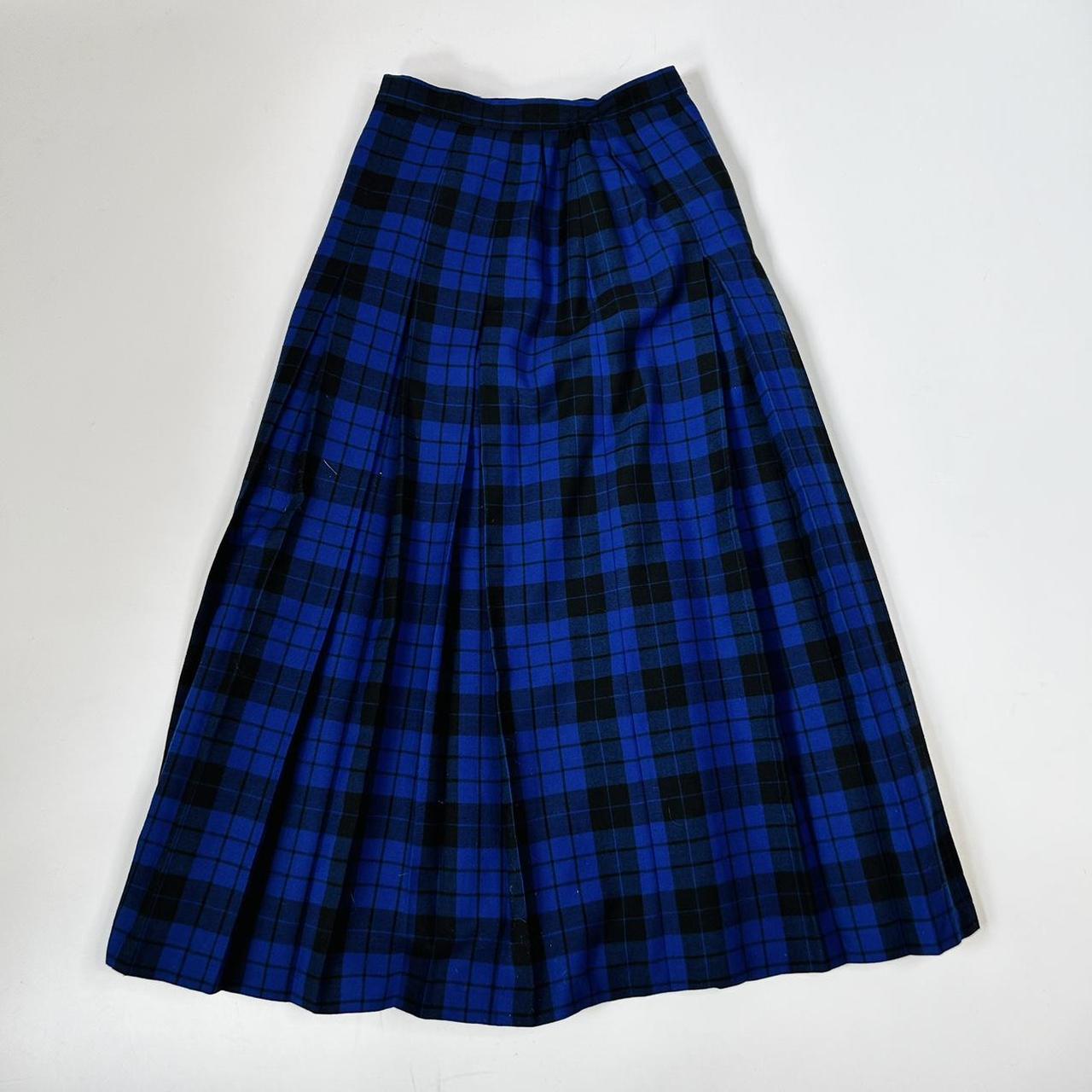 Vintage 80s blue and black check pleated maxi skirt.... - Depop