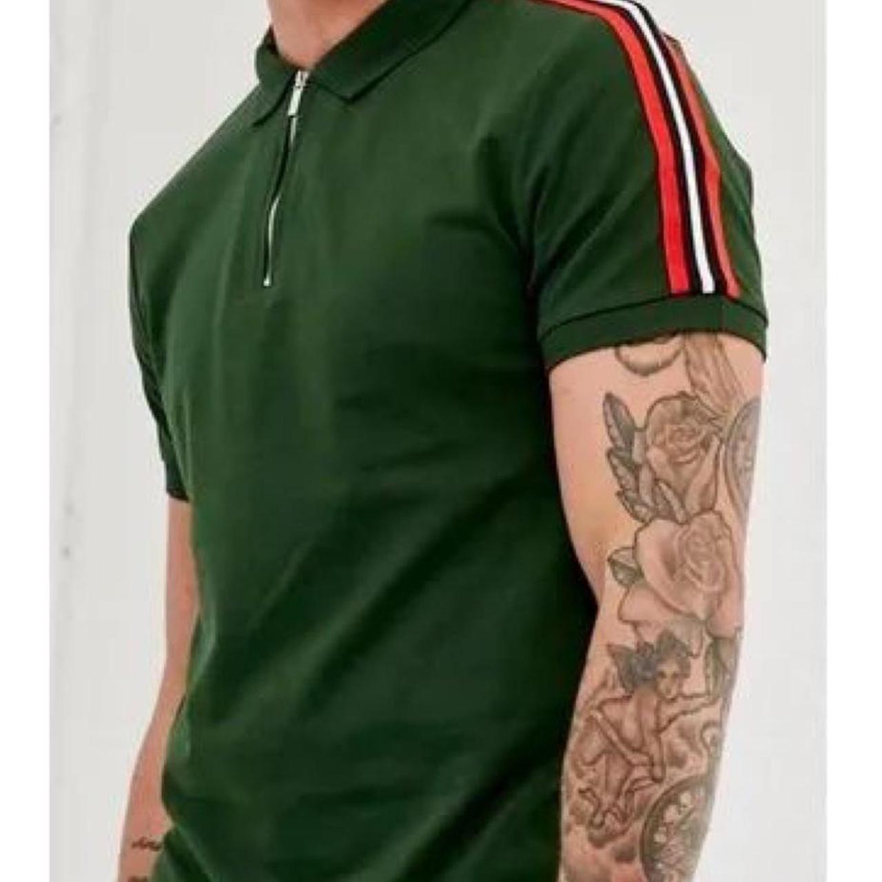 Men s Bershka green polo shirt with zip and shoulder Depop