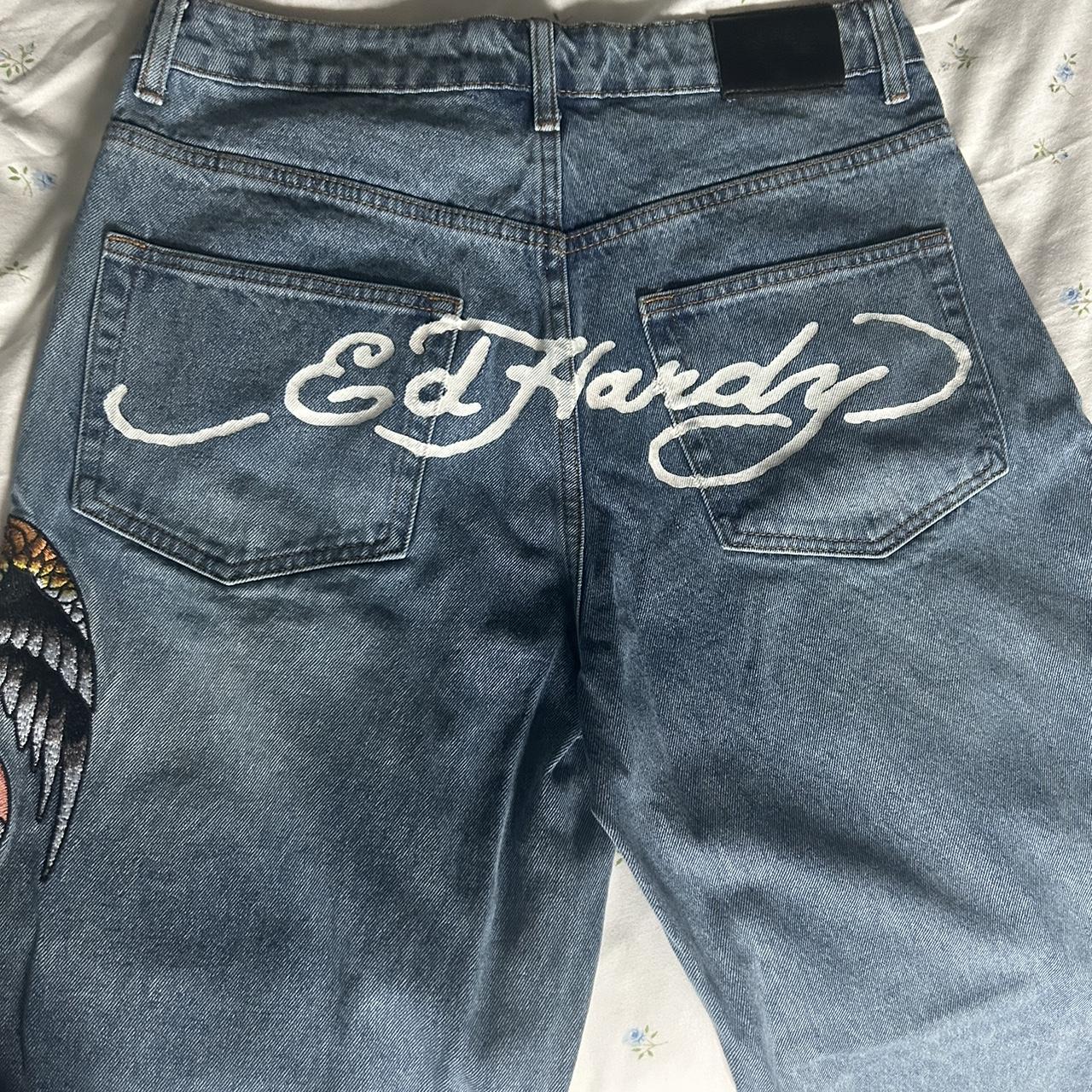 Ed Hardy Baggy Jeans Embroidered Pattern Waist 30... - Depop