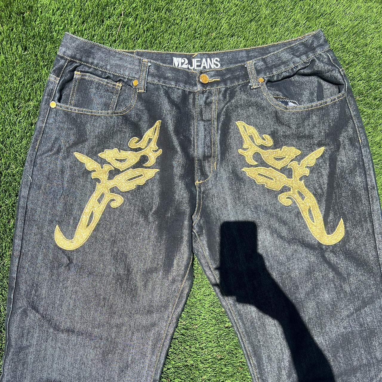 44x32 M2 jeans with gold design, nothing wrong with... - Depop