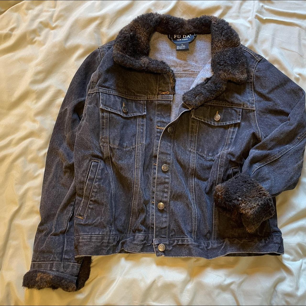 FUDA NY navy denim jacket with patterned furry... - Depop