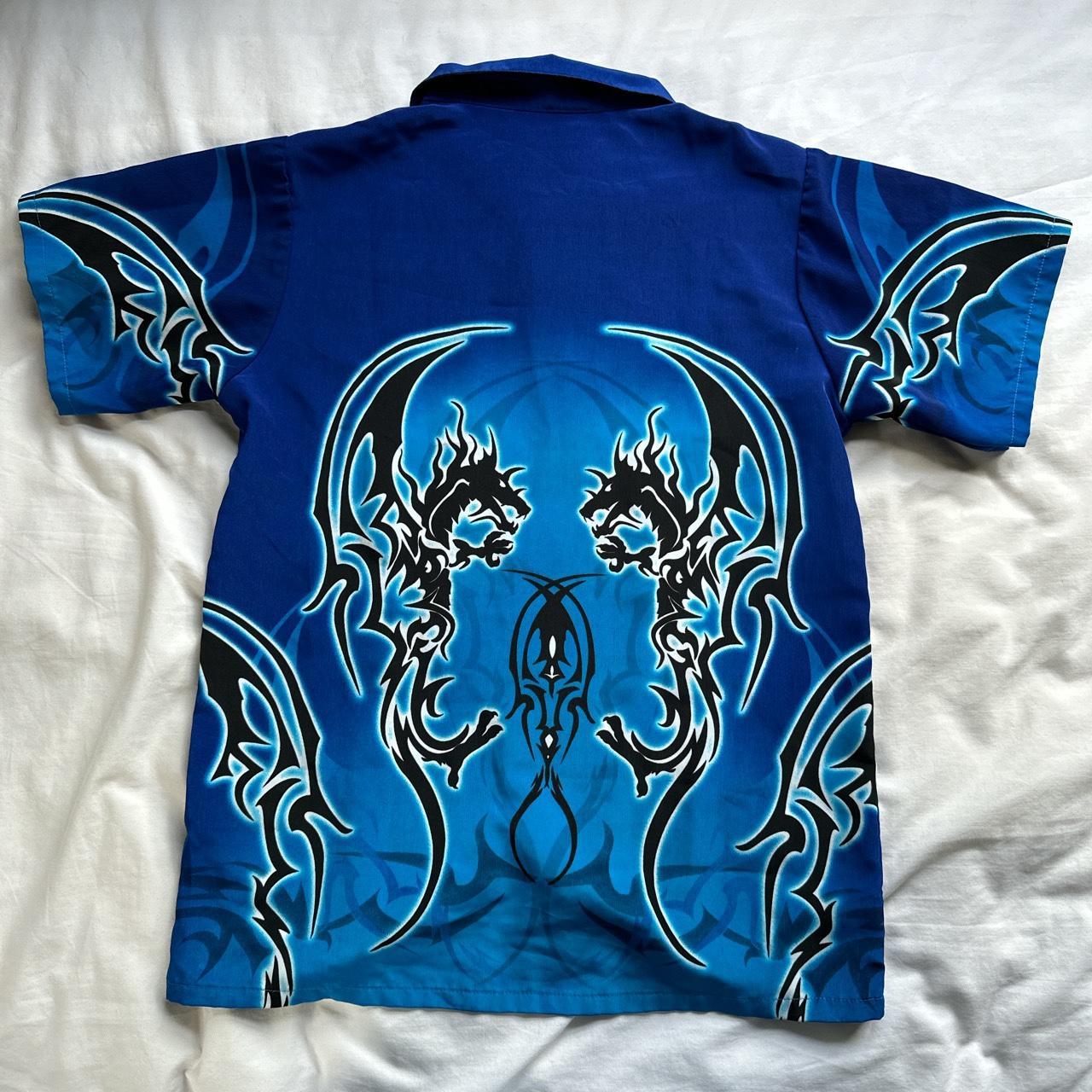 Y2K No boundaries blue flame tribal dragon button up | Depop