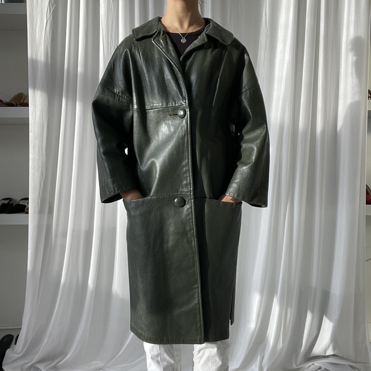 vintage dark muted army green leather trench coat.... Depop