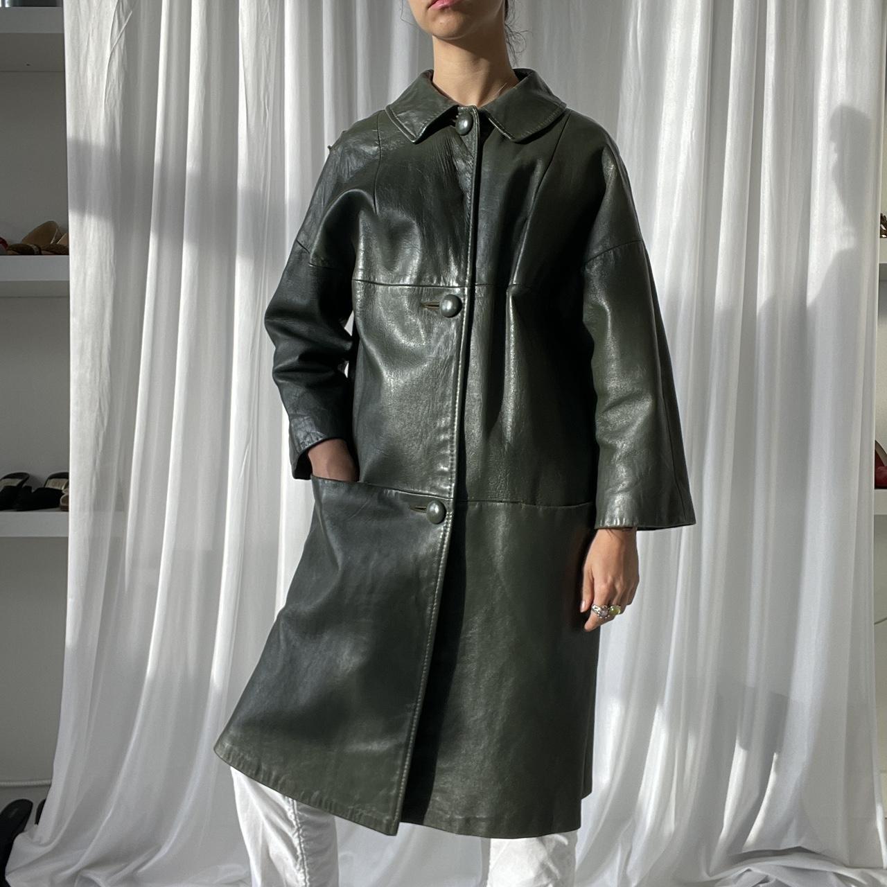 vintage dark muted army green leather trench coat.... Depop