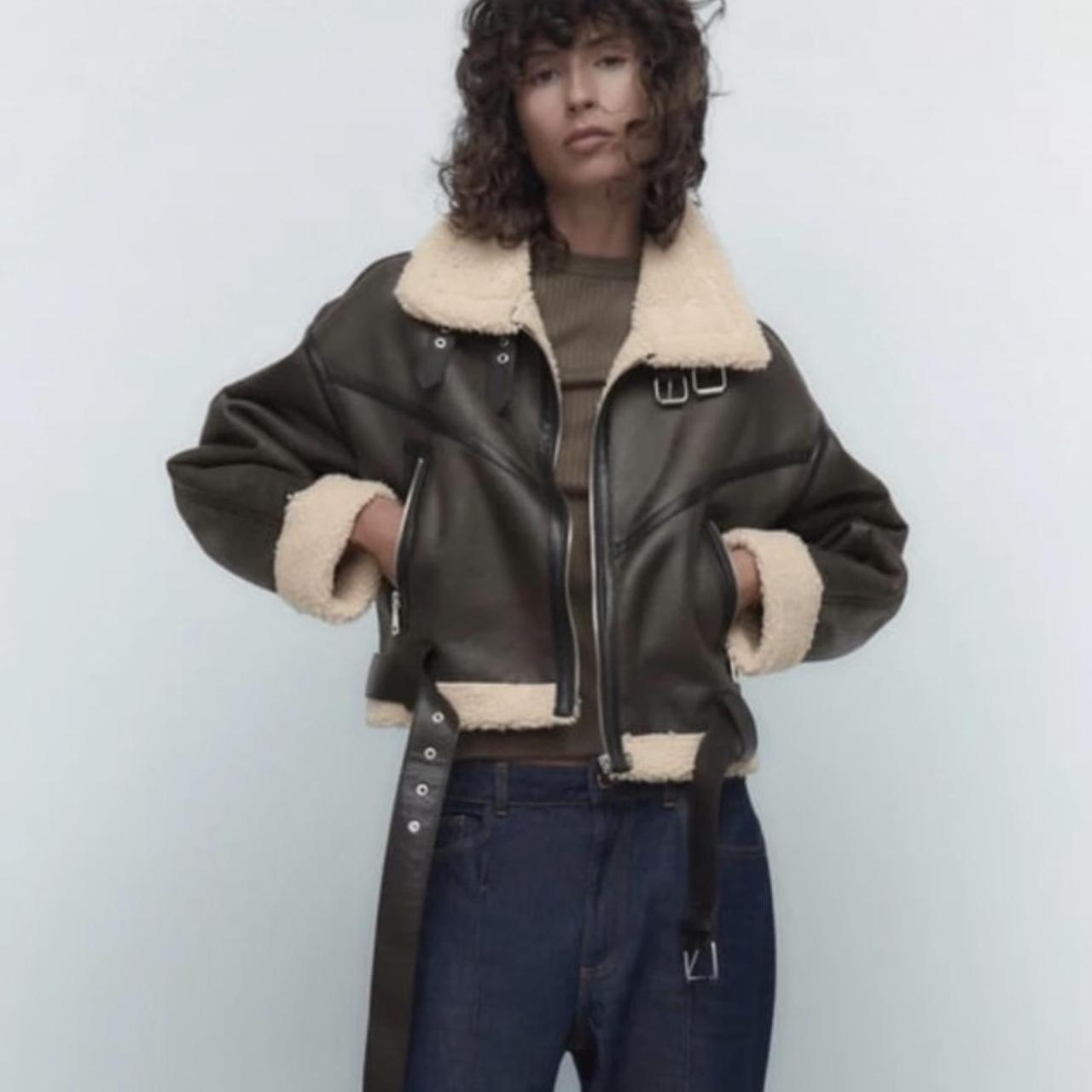 Zara Brown Leather Fur Coat Faux Leather Jacket Zara Double Faced