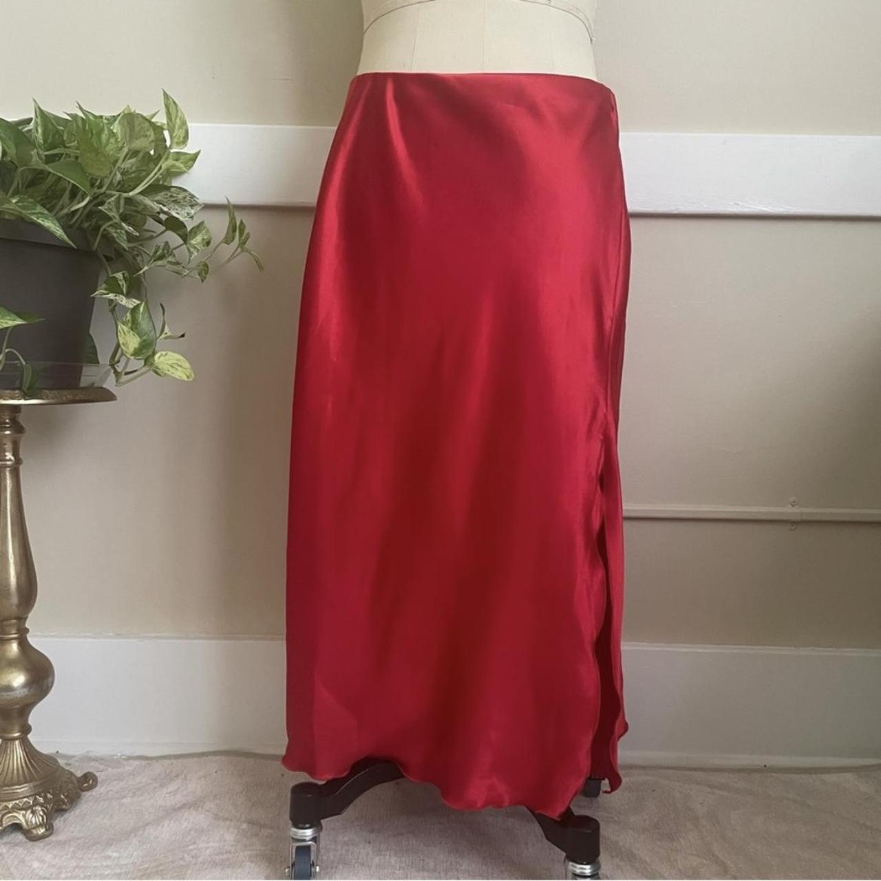 Express High Waisted Satin Side Slit Midi Skirt in. Depop