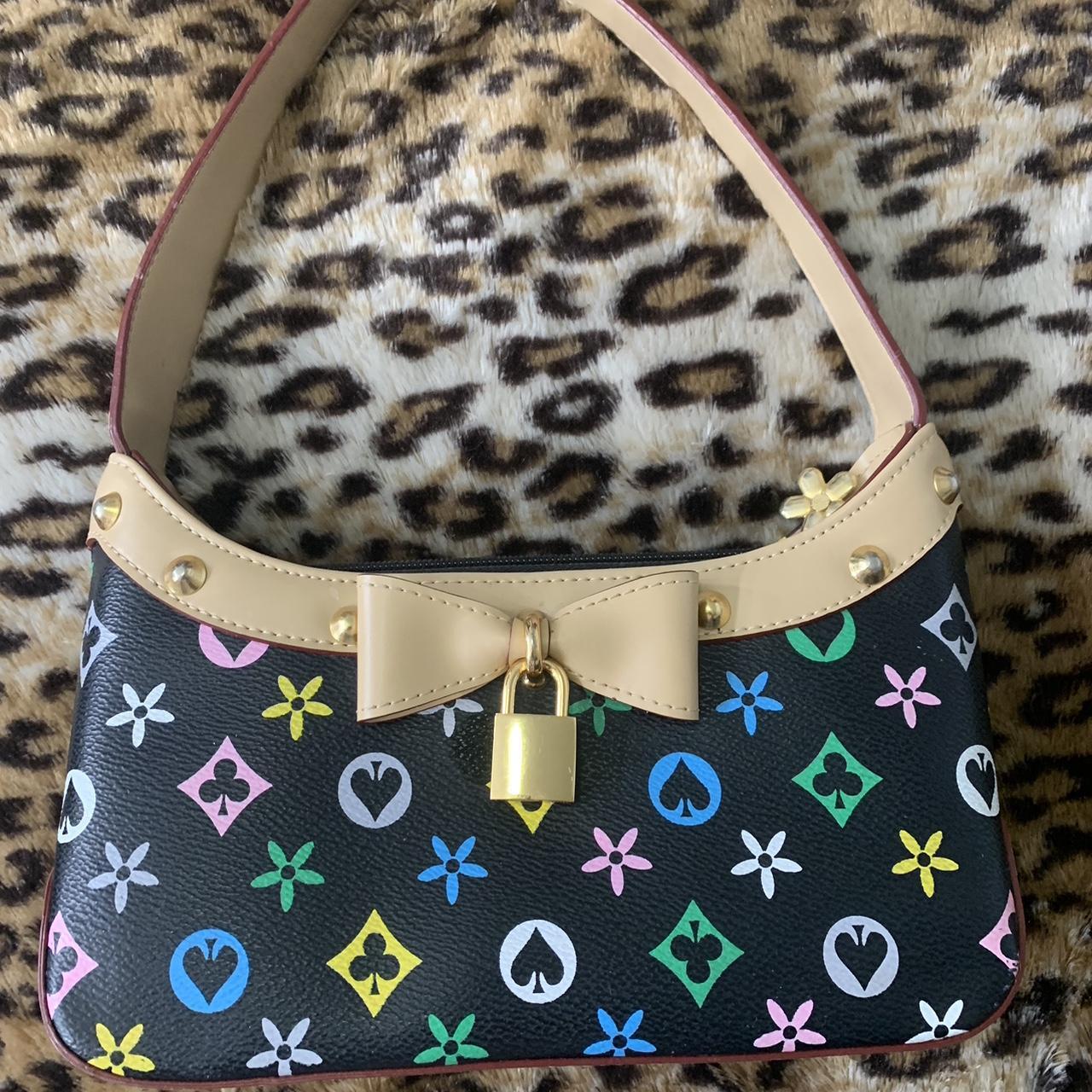 White synthetic leather with multi-color LV monogram print