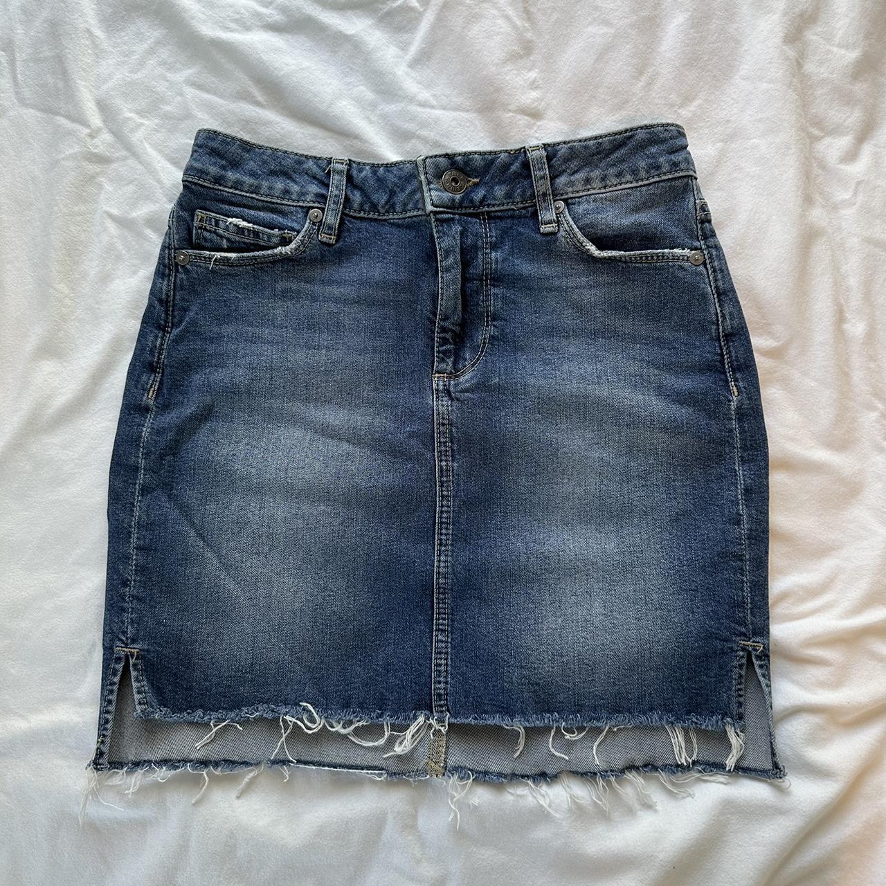 PAIGE denim skirt in medium blue wash. Raw hem. Size... - Depop