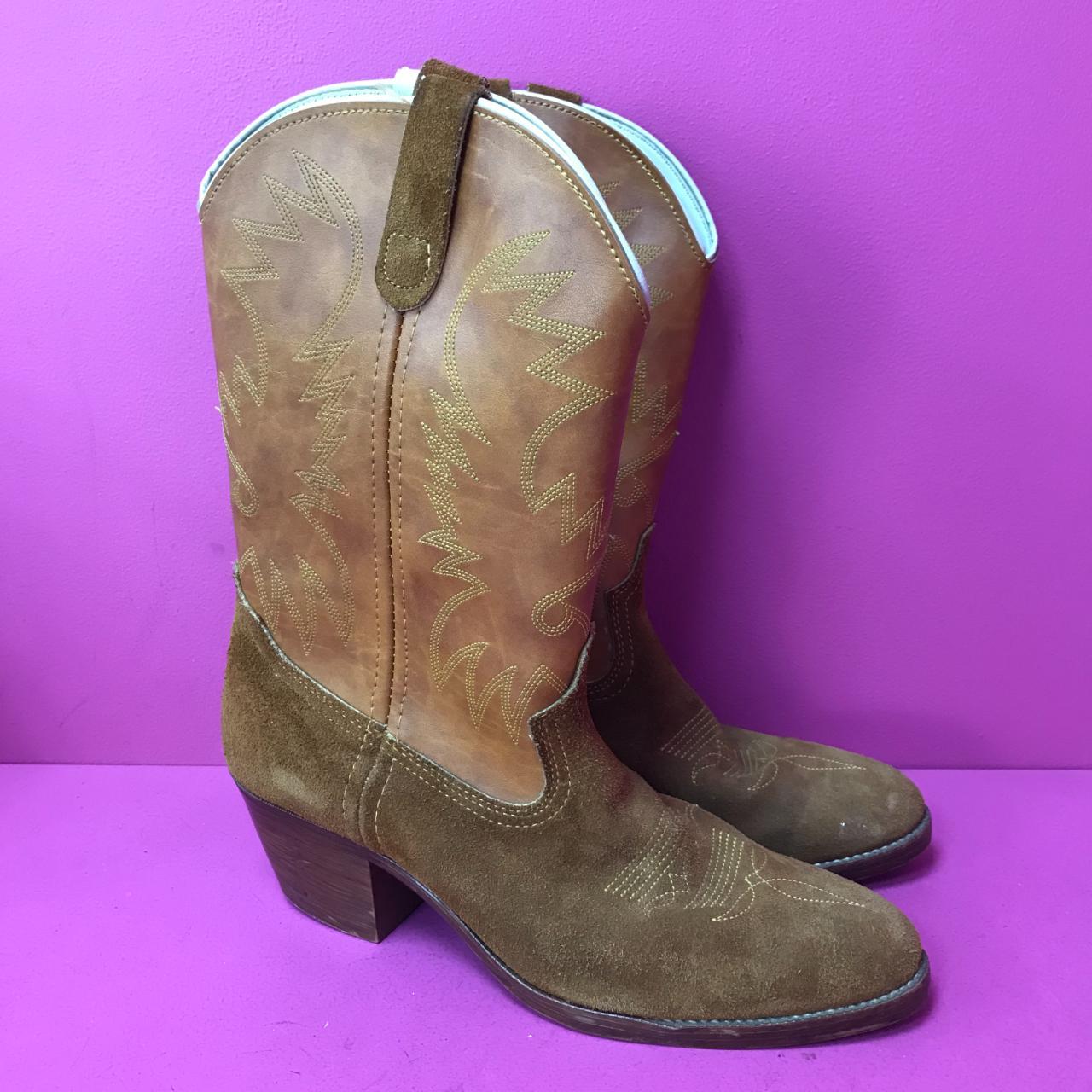 35E1002 COWBOY boots in tan brown suede leather... Depop