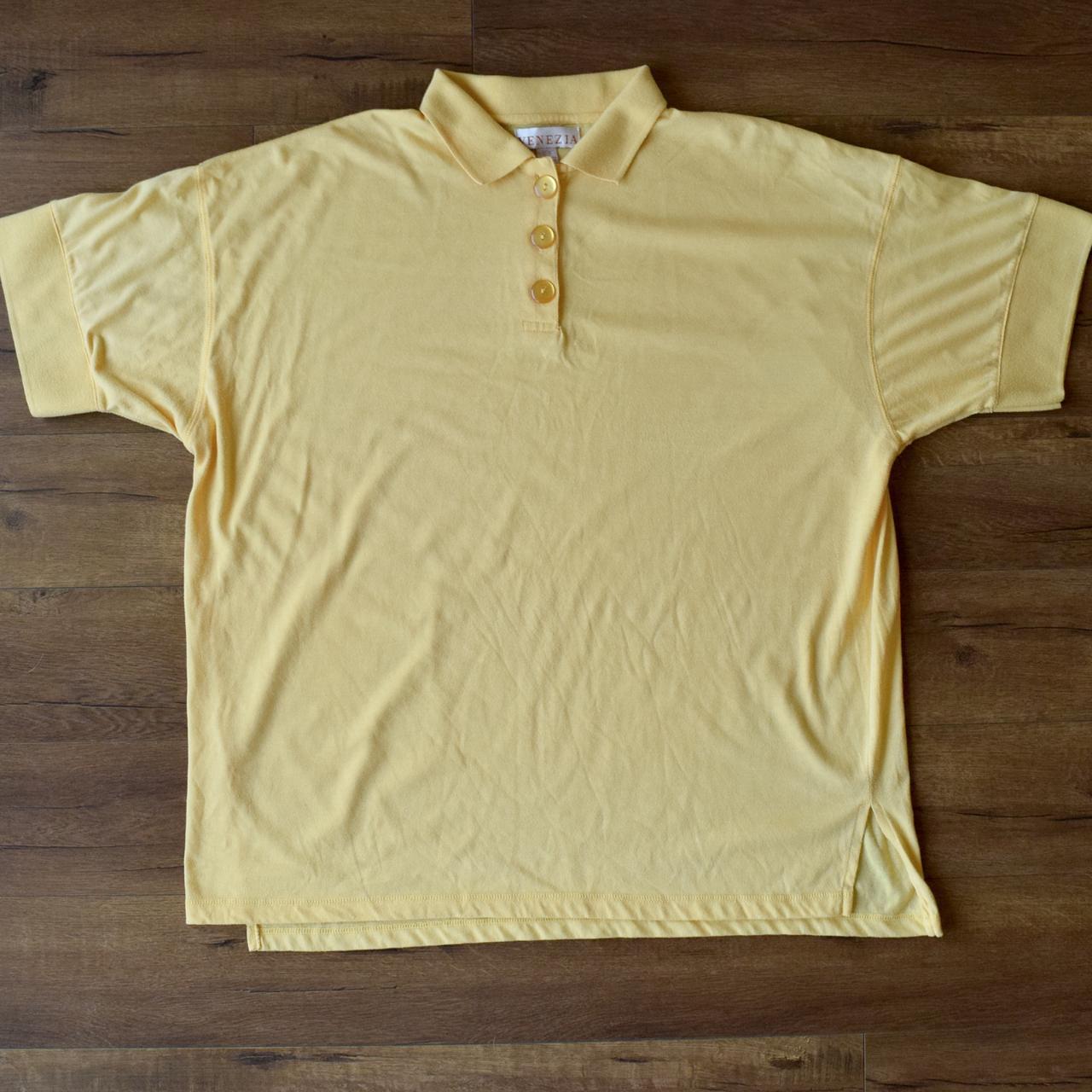 90s pastel yellow jersey knit polo shirt plus... - Depop