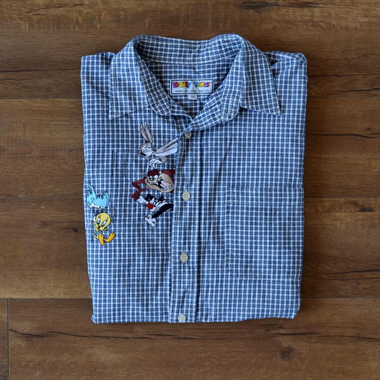 vintage looney tunes embroidered button down plaid... - Depop