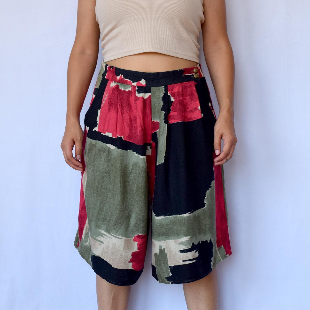 80s boho rayon bermuda shorts 80s vintage abstract... Depop