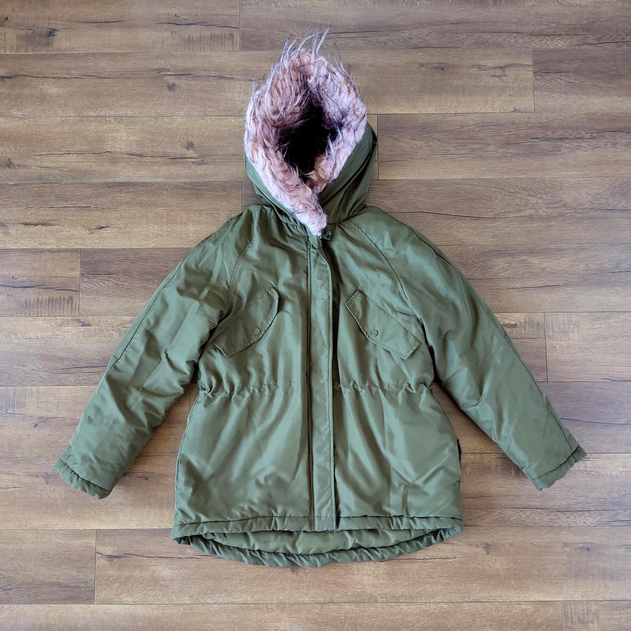 H&M olive green long puffer jacket with faux fur... Depop