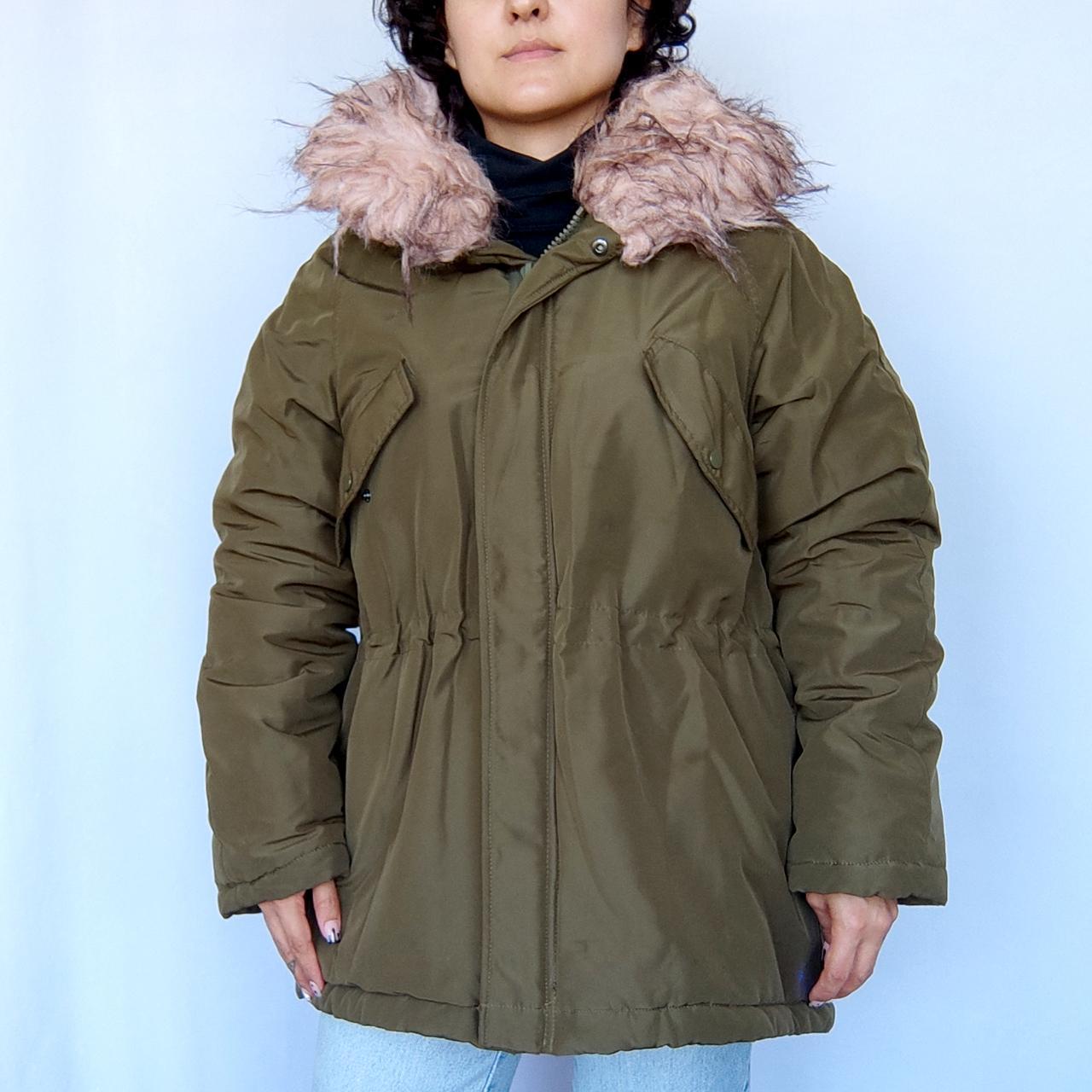 H&M olive green long puffer jacket with faux fur... Depop