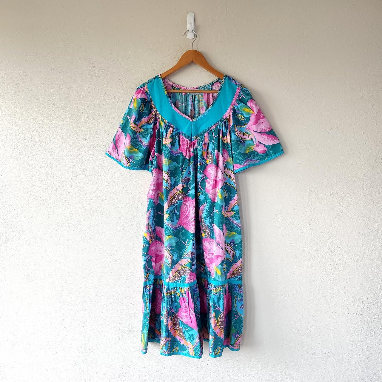 bright blue and pink floral hawaiian dress plus... - Depop