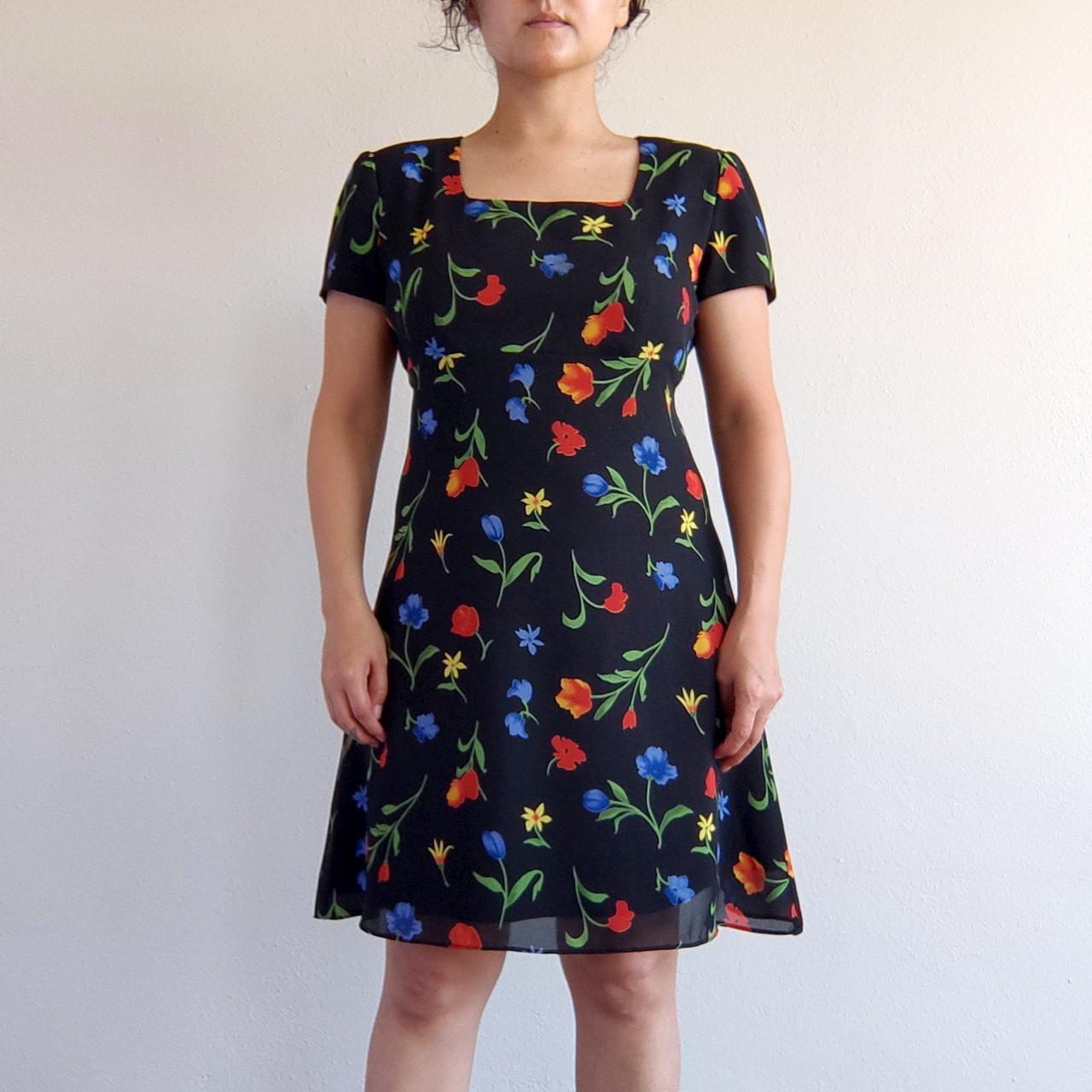 Vintage 90s Black Floral Mini Dress with Empire... - Depop