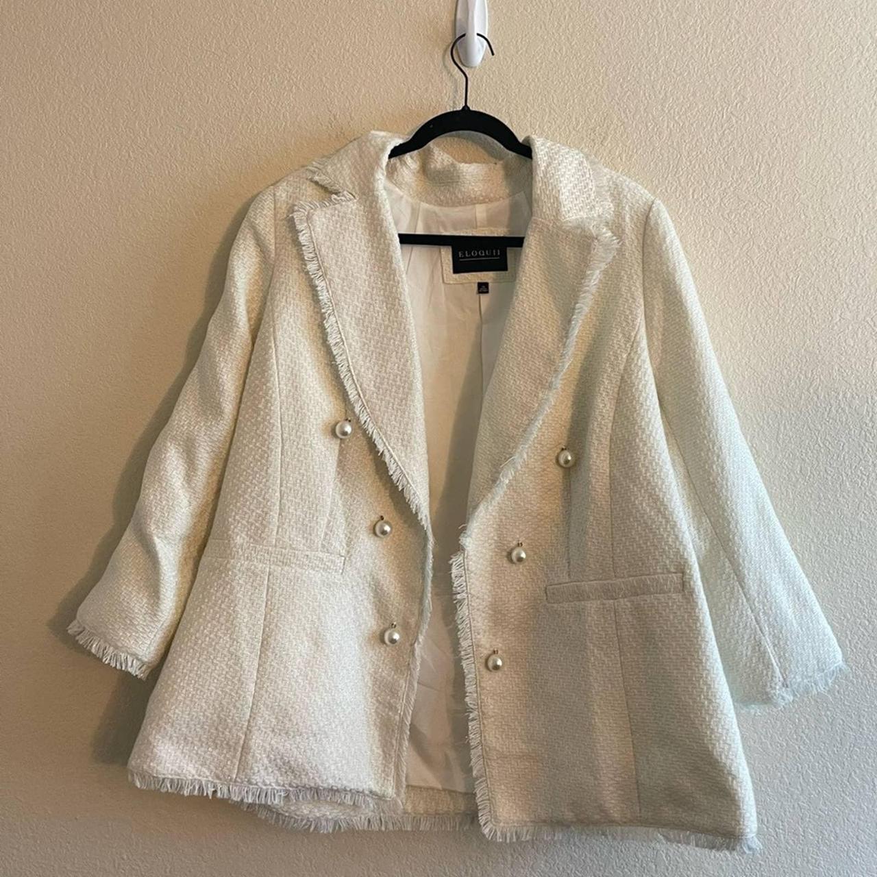 Eloquii Double Breasted White Tweed Metallic Blazer... - Depop