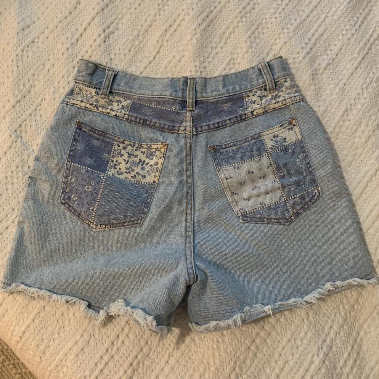 Cute patchwork print jean shorts. High rise waist.... - Depop