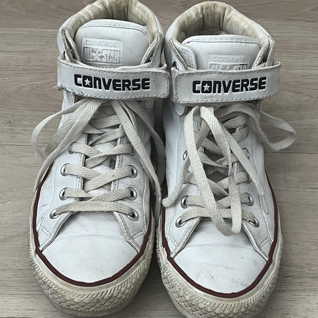 Y2K White Hi-Top Leather Converse with Strap Womens... - Depop