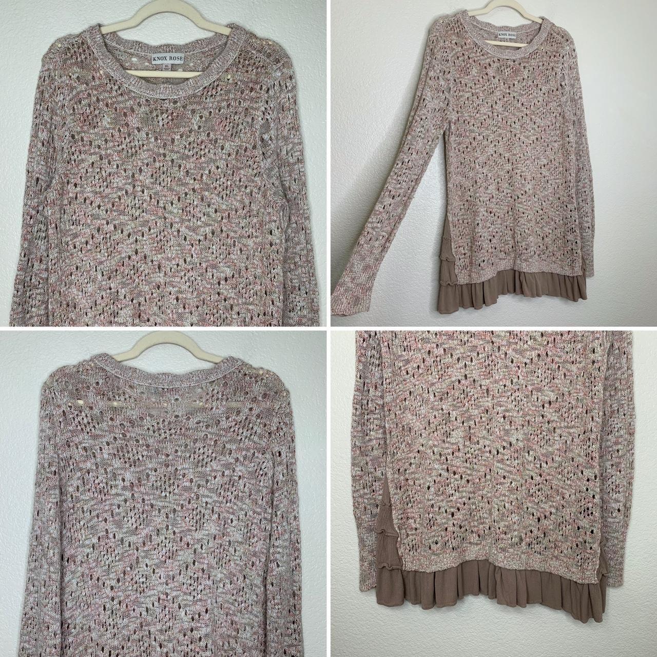 Knox Rose Brown Pink Open Knit Ruffle Hem Pullover - Depop