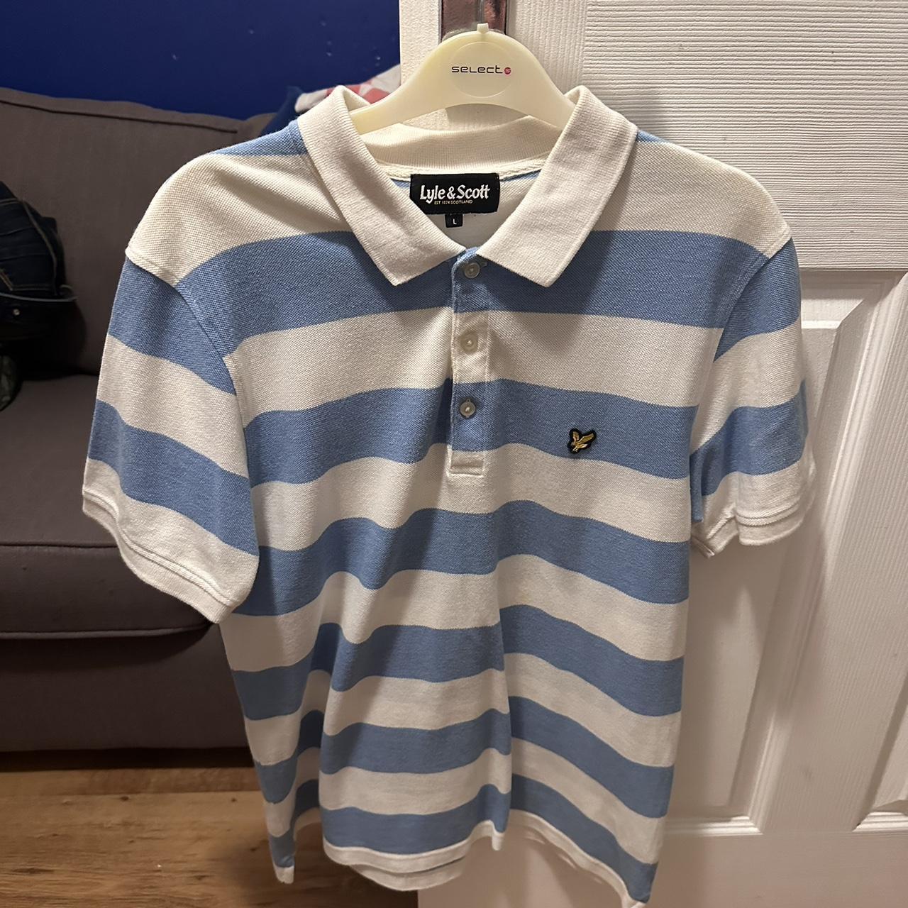 Blue and white stripe Lyle and Scott polo shirt size... - Depop