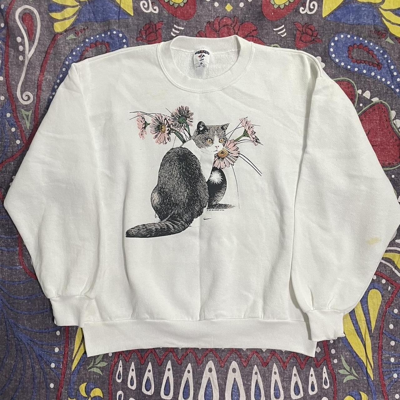 Vintage cat sweater 92’ Used condition Size L W19 L21 - Depop