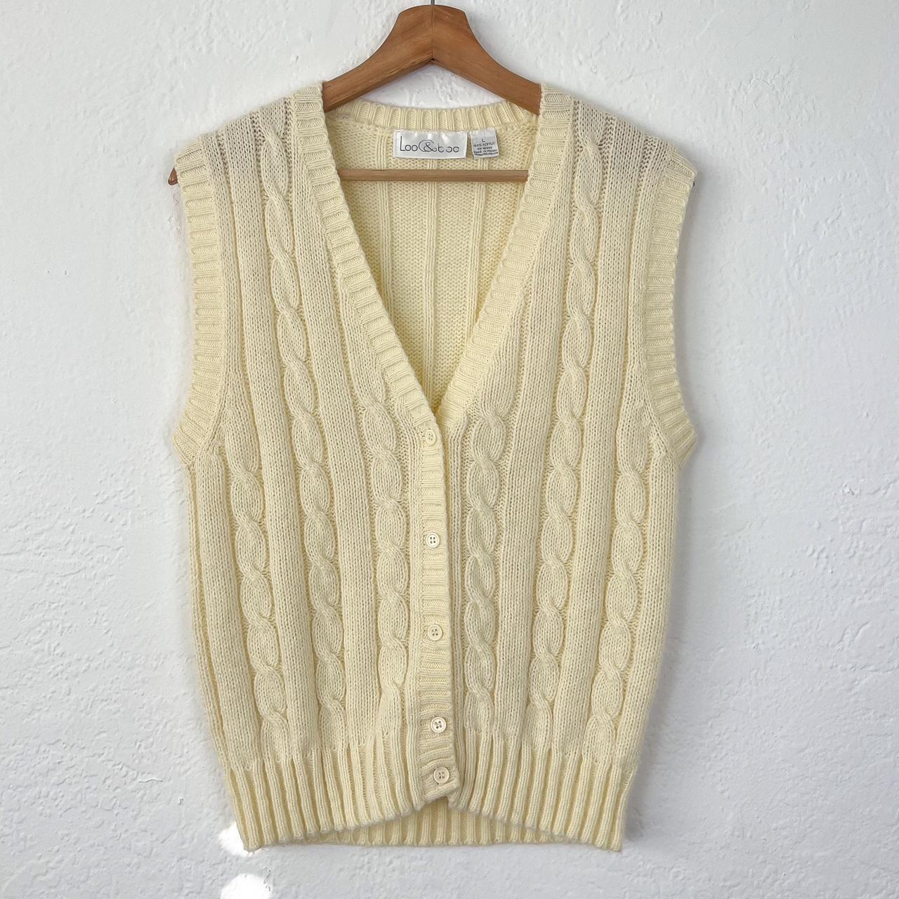 vintage cream cable knit button up sweater vest... - Depop