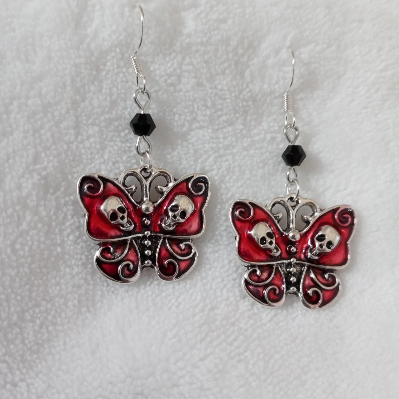 Gothic red butterfly silver tone skull 💀 earrings - Depop