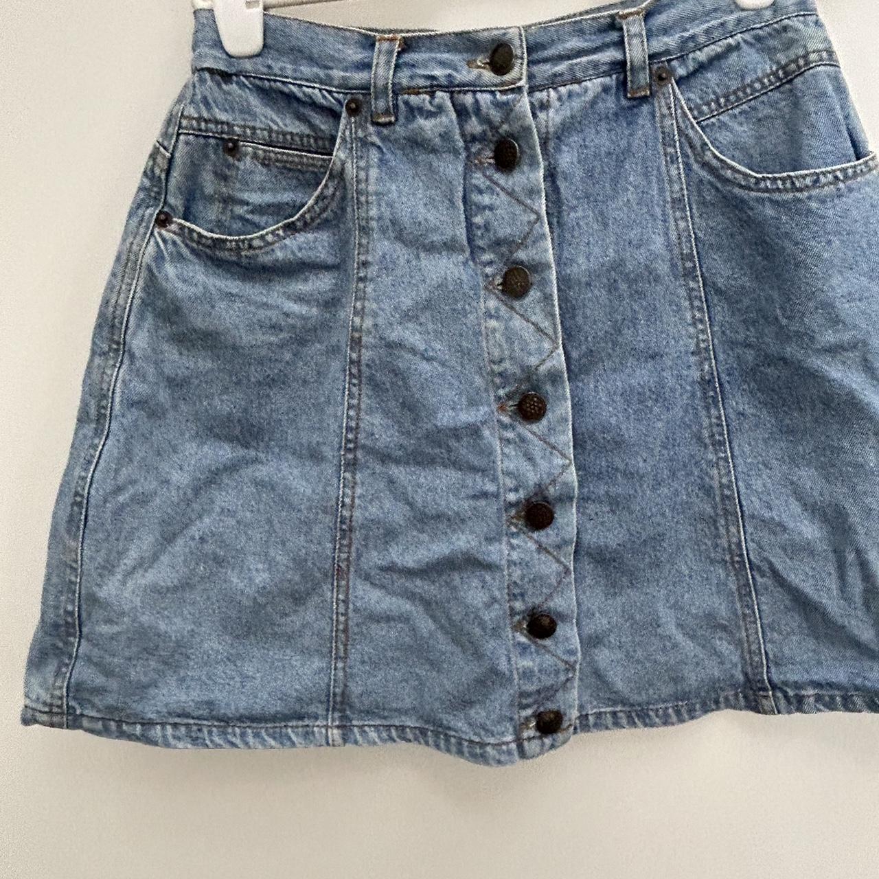 Denim skirt, brand unknown (see tag). Size 10, fits... - Depop