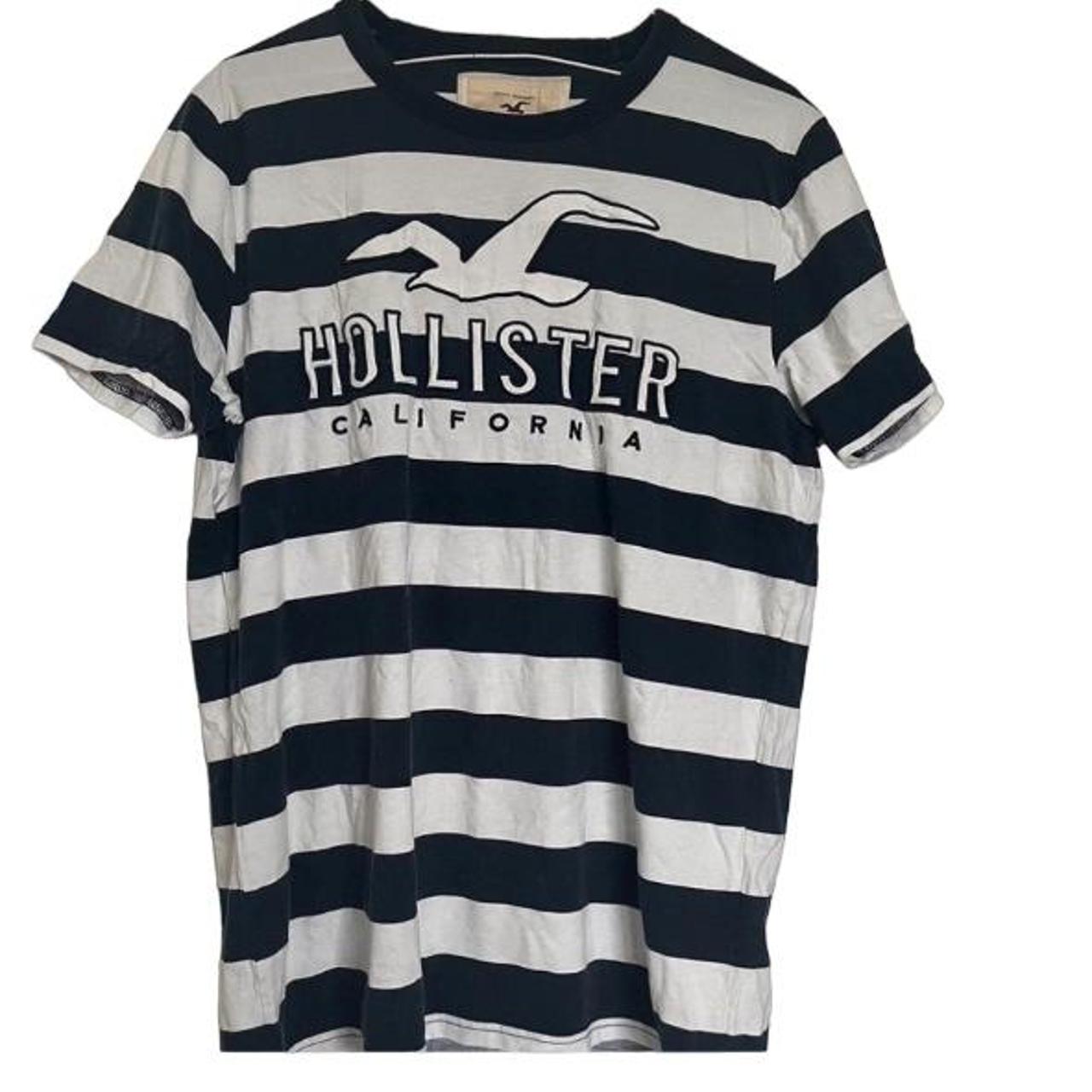 Hollister navy and white striped tshirt Good - Depop
