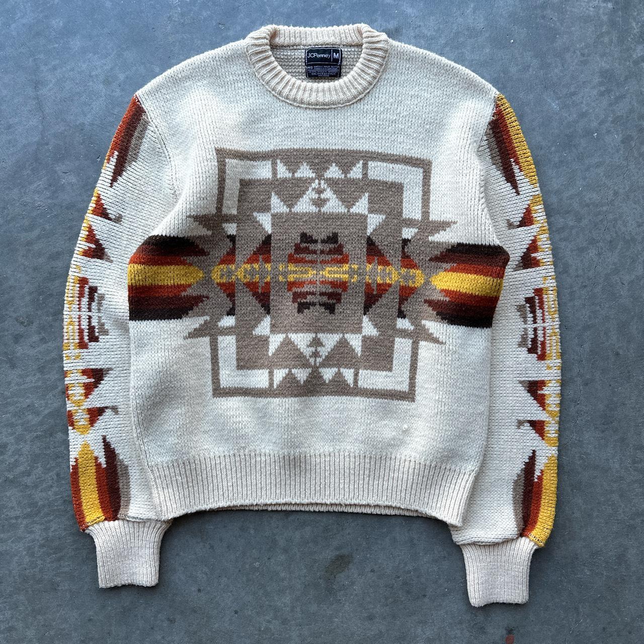 Vintage 1980s JCPenney Cream Aztec Wool Sweater... - Depop