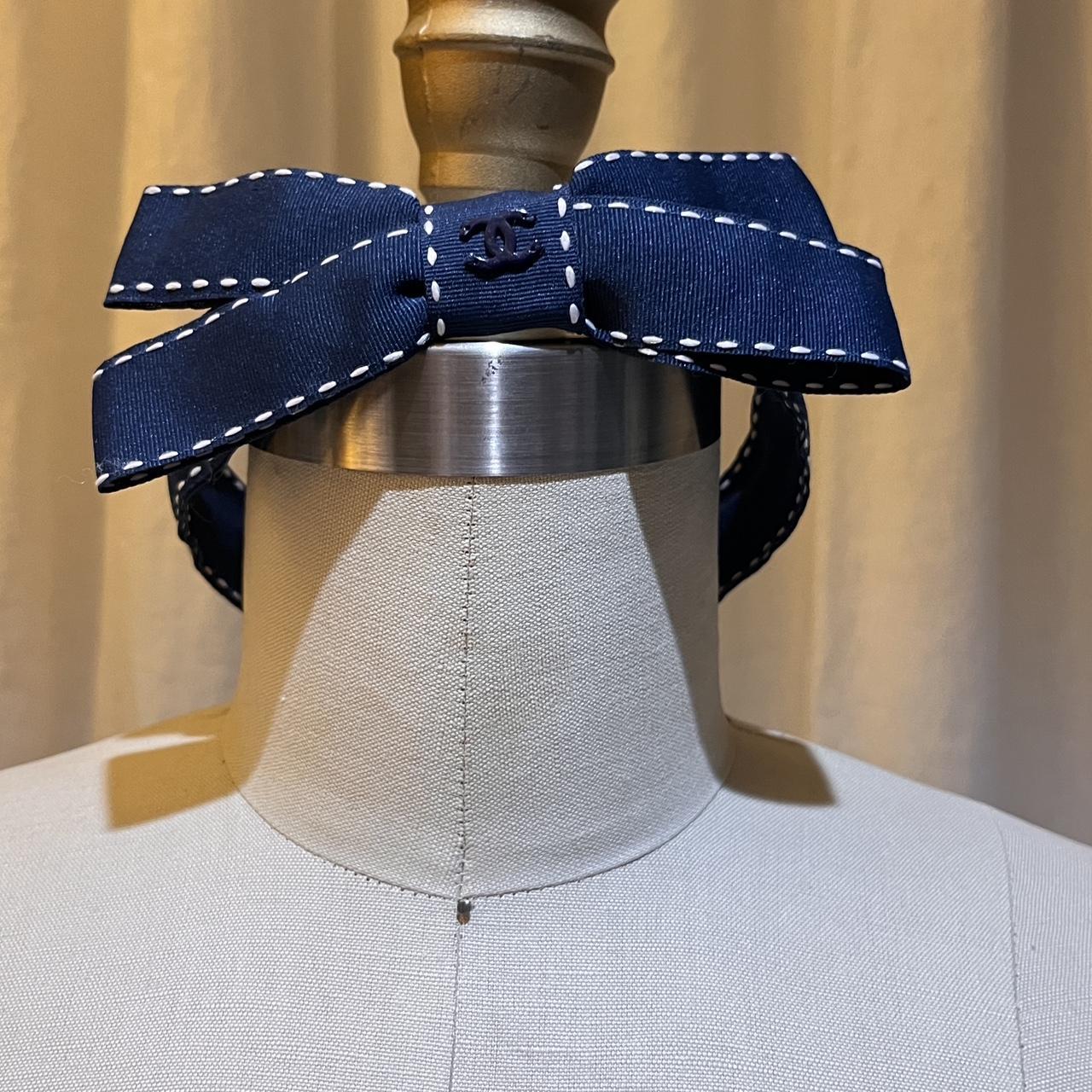 Chanel Navy Blue Bow Headband With White Contrast... Depop