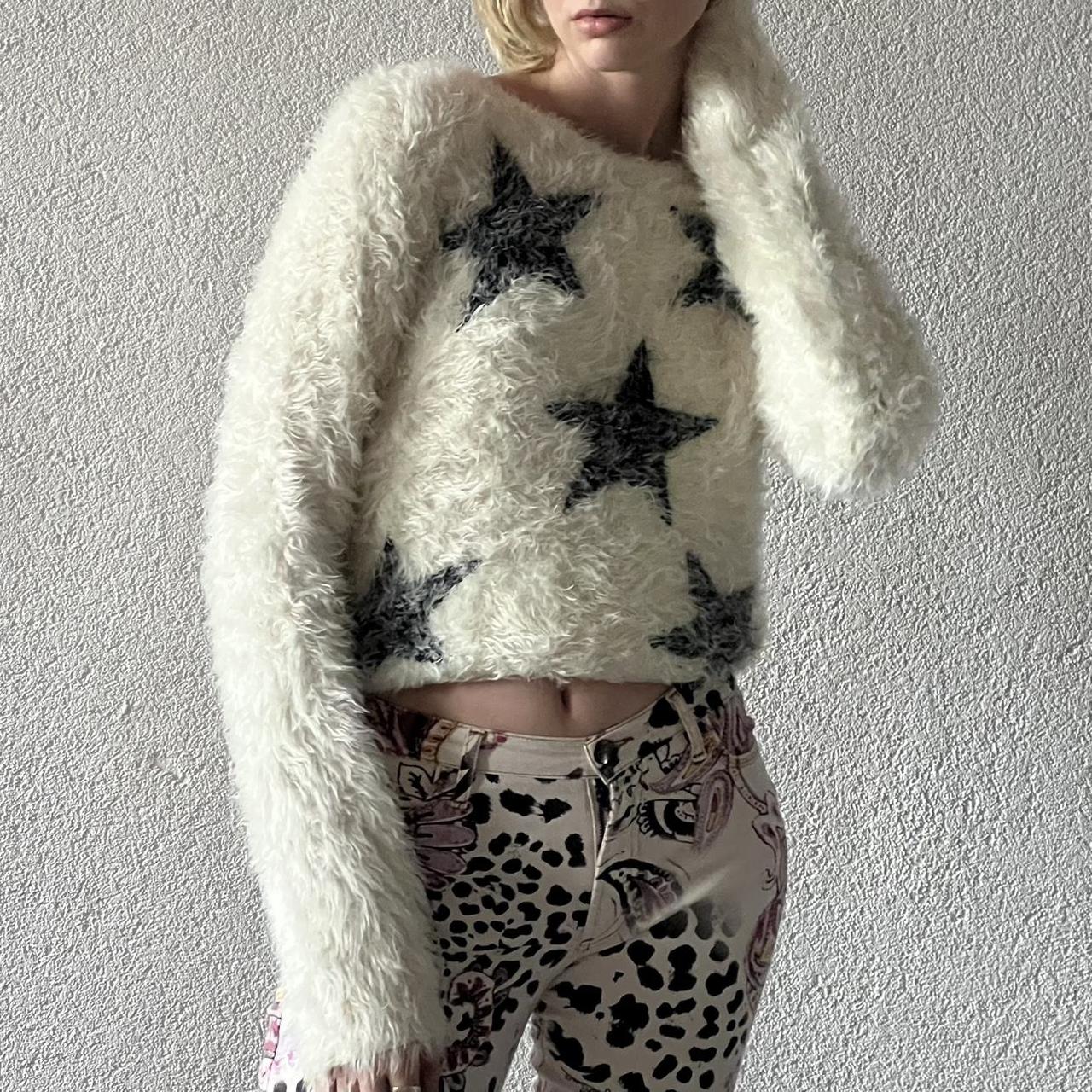 Archive Style White fuzzy knit sweater with stars...