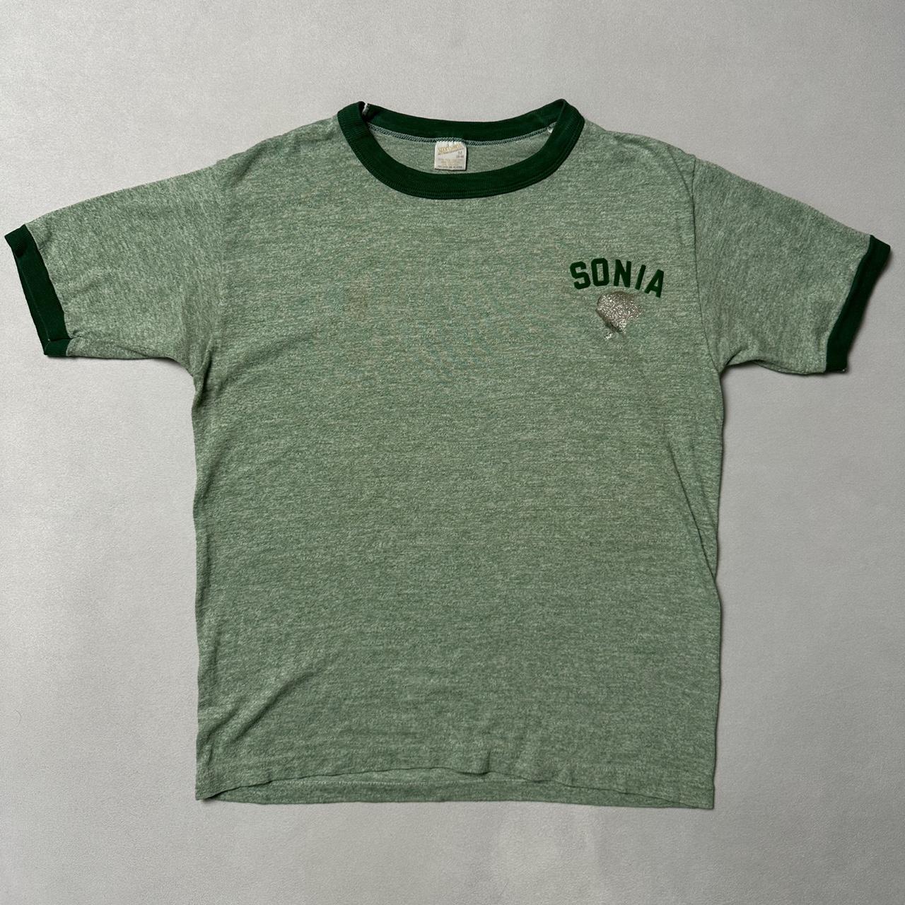 Vintage 1970s sportswear green ringer t shirt Tri... | Depop