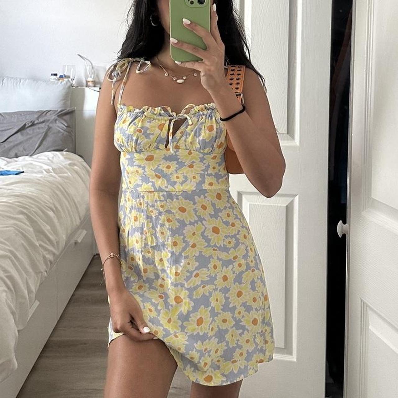 Bershka floral yellow and blue sundress. Pretty much... - Depop