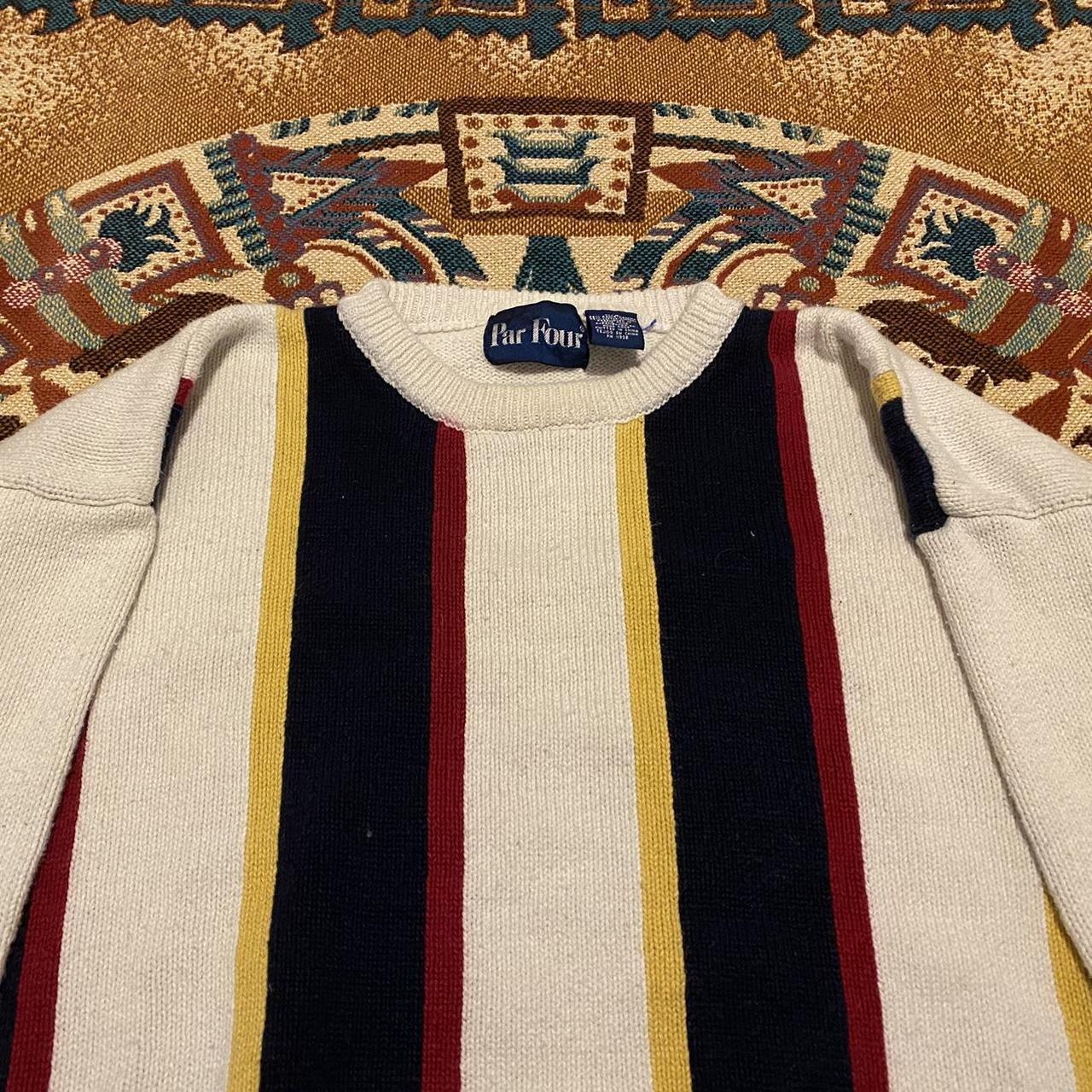 Vintage Cream and Blue Striped Knit Sweater Size... - Depop