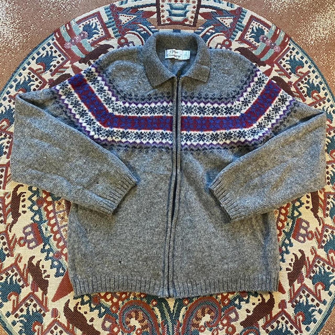 Vintage Fair Isle Wool Grey Purple Zip-Up Cardigan... - Depop