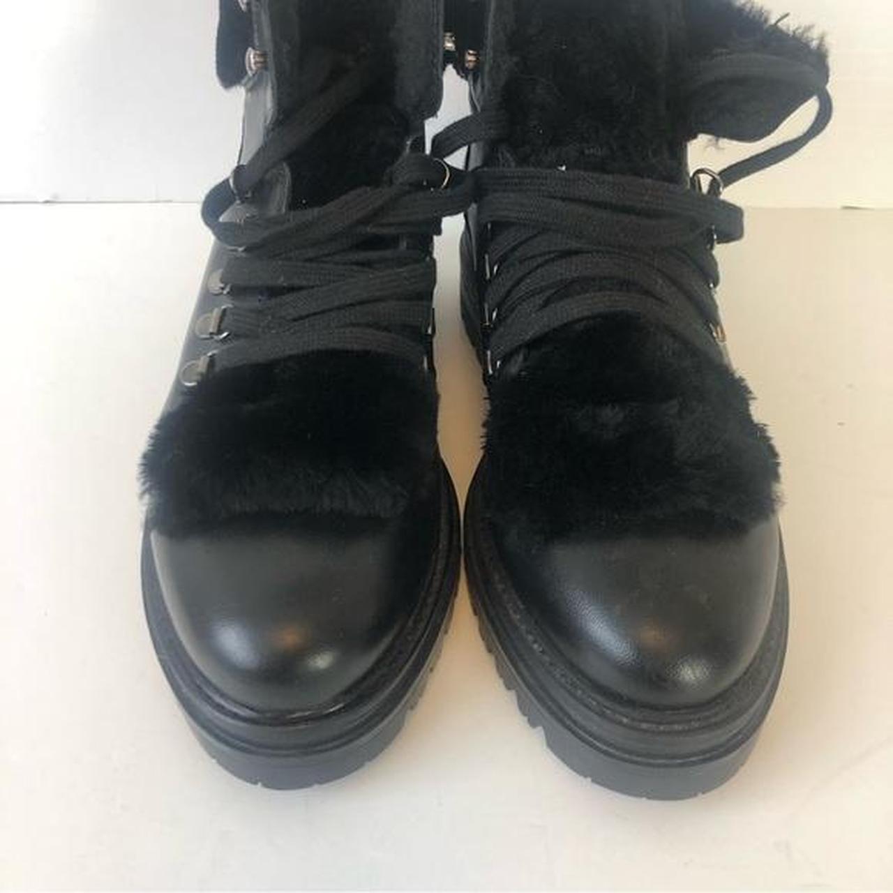 Elena Solano Black Fur Leather Black Lace Up Combat...