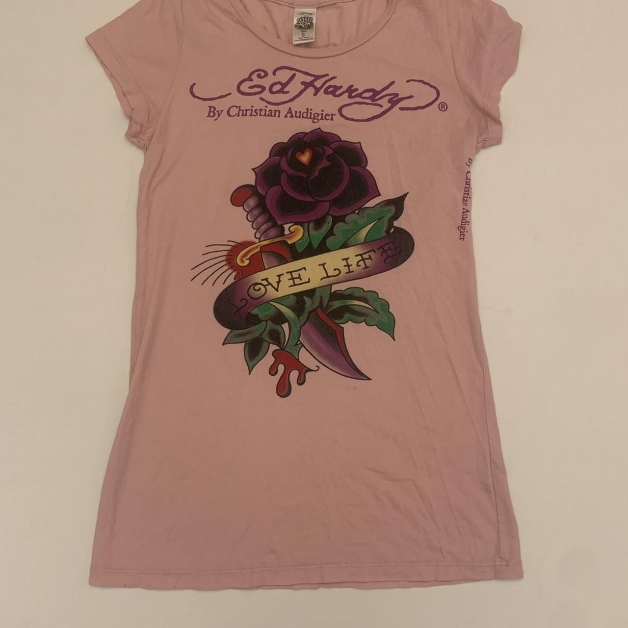 prettiest pink ed hardy top ! has purple writing on... - Depop