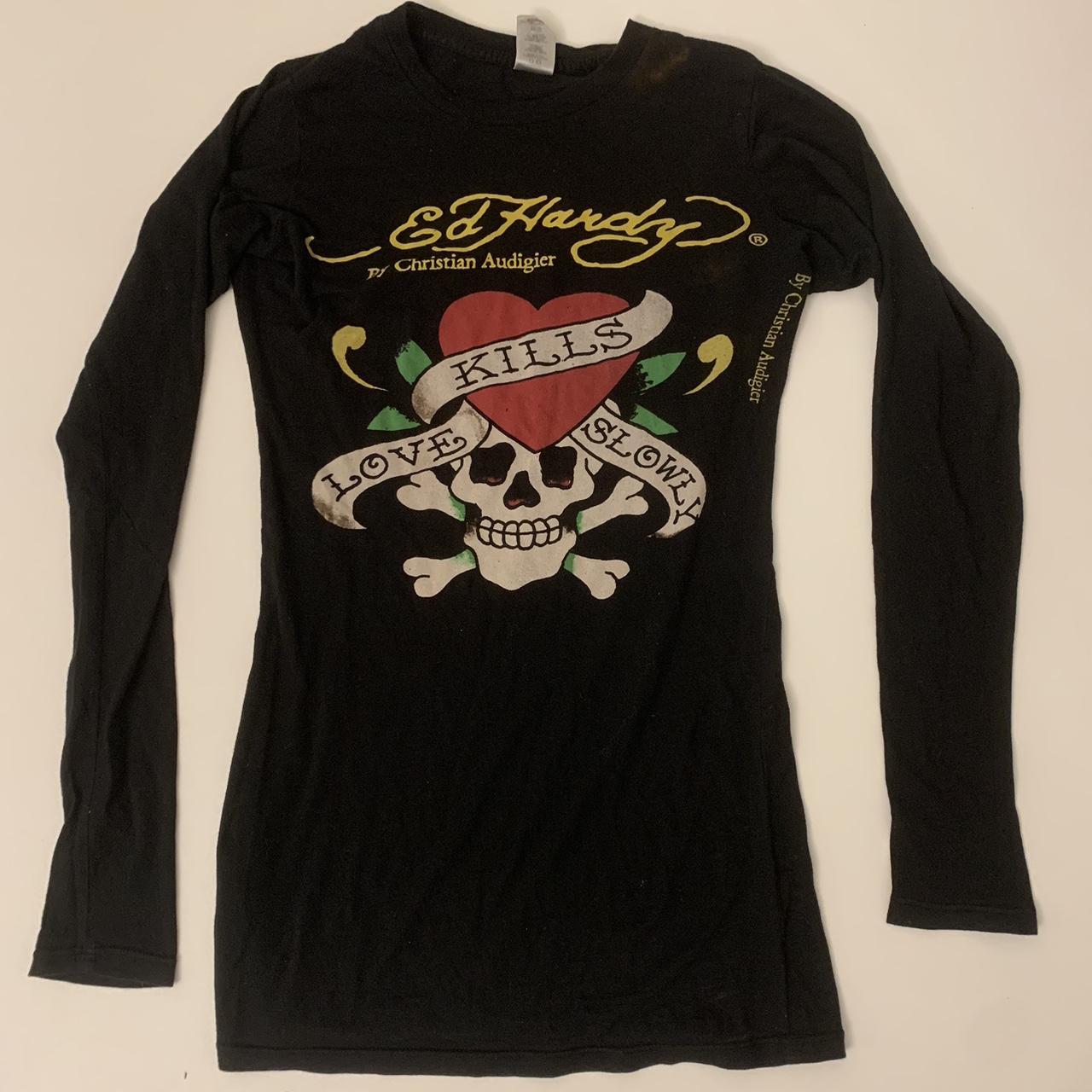 prettiest ed hardy black long sleeve top ! with a... - Depop