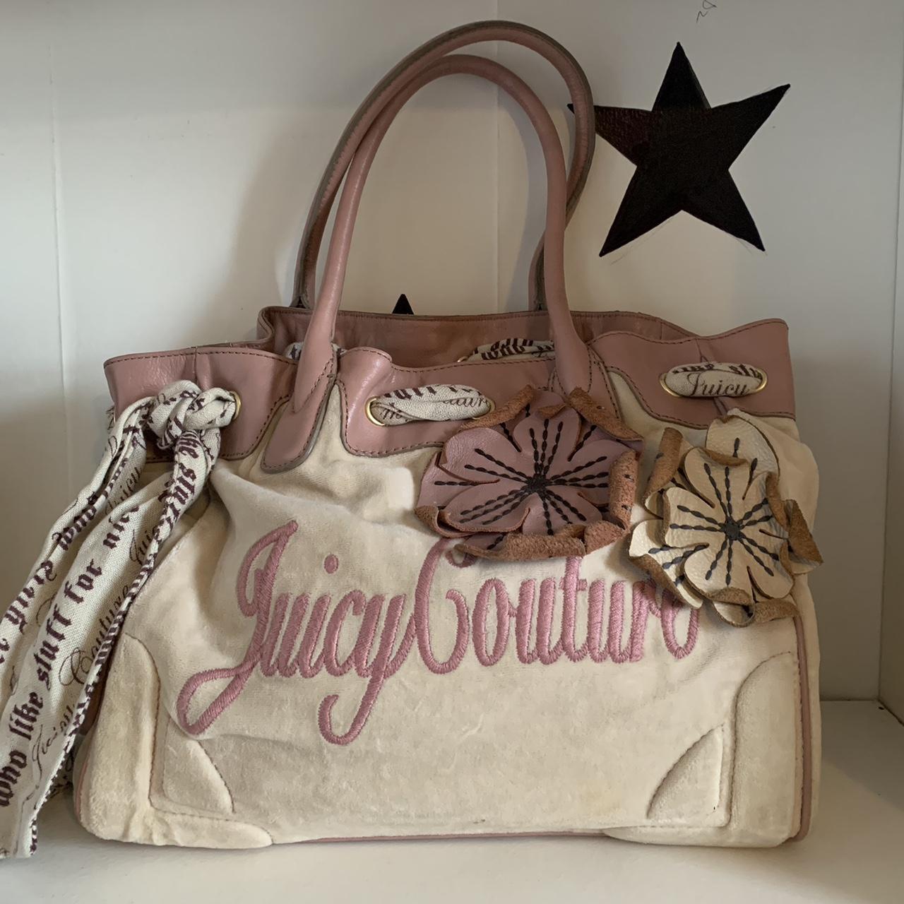 prettiest cream juicy couture velour bag ! with pink... - Depop