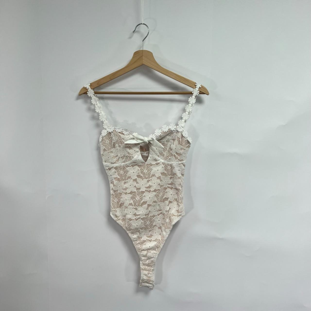 Love Triangle Women's White and Tan Bodysuit Depop