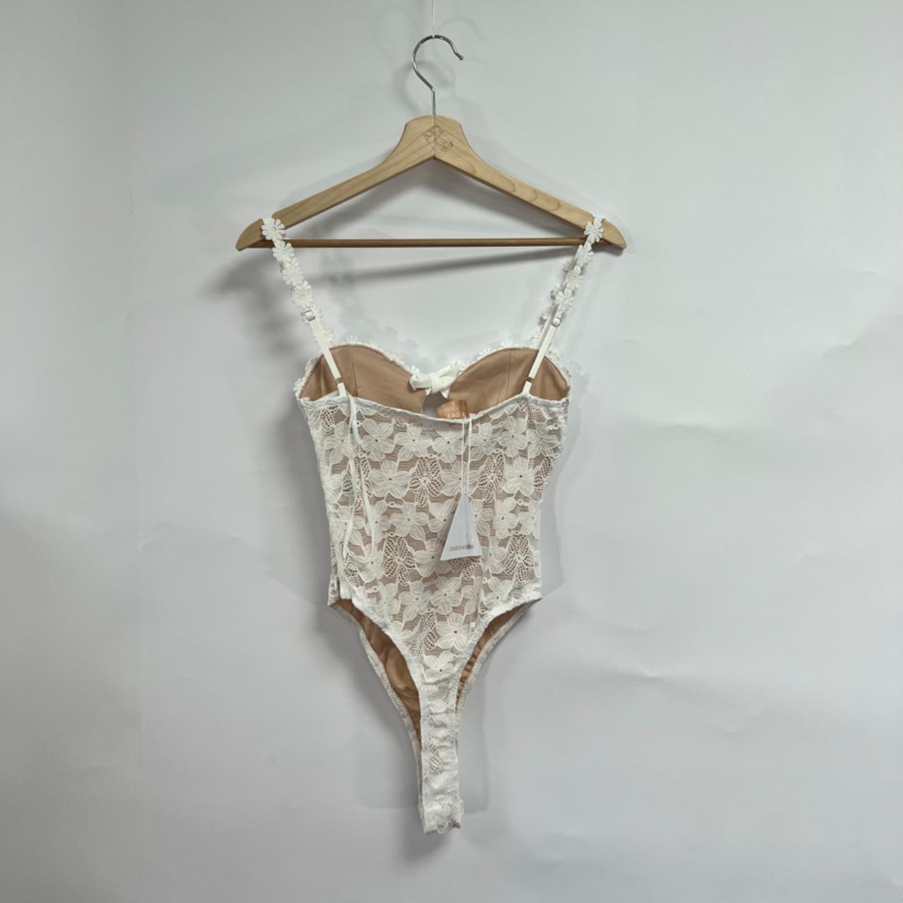 Love Triangle Women's White and Tan Bodysuit Depop