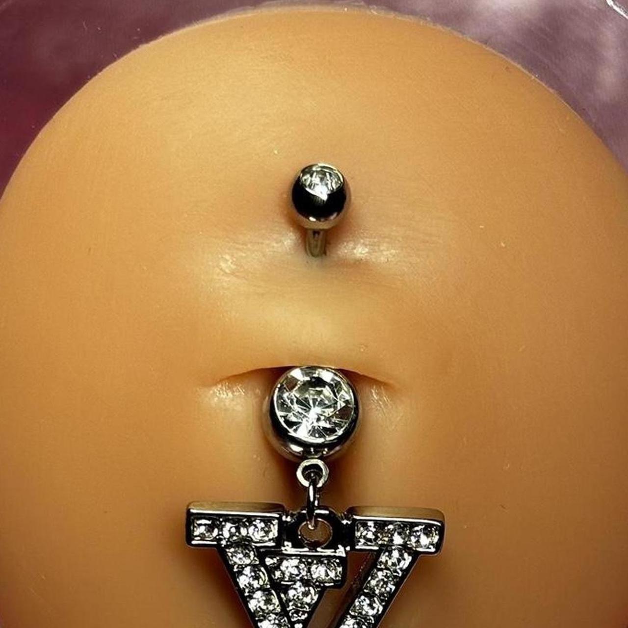 Silver LV Belly Bar Surgical Steel Double Crystal